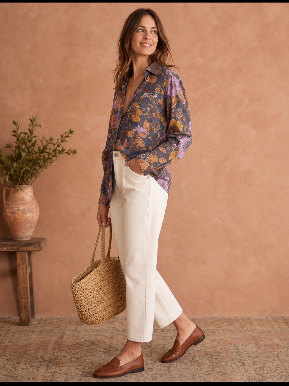Pilcro Floral Button-Down Shirt in Gray with pale Pink & Mustard Flowers size S